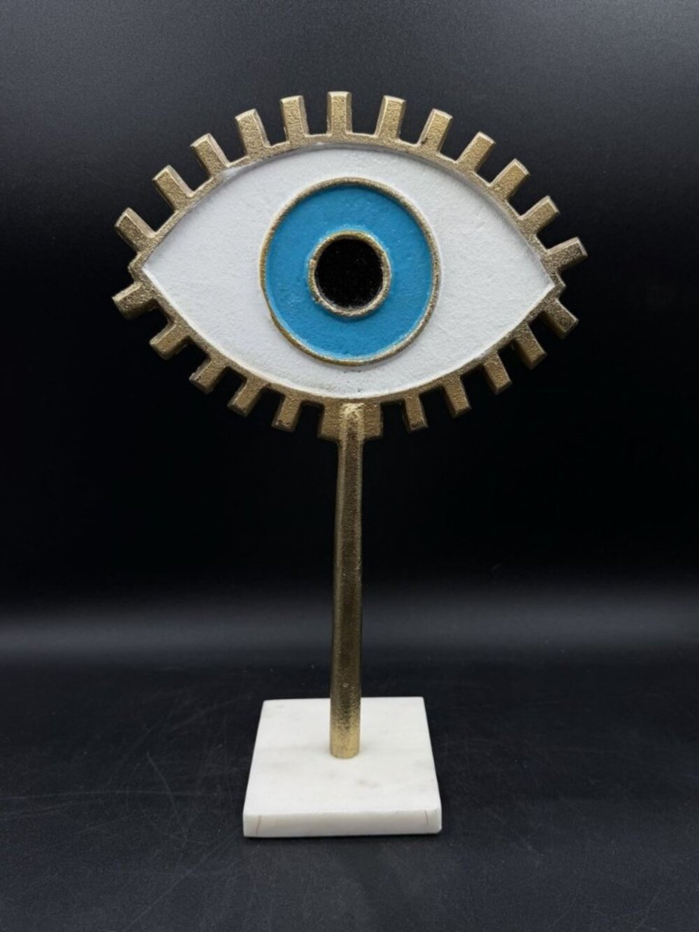 Gold Blue Evil Eye Statue Sculpture Marble Base Home Decor Protection Tabletop